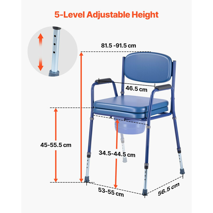 Yöpöytävessa 3-in-1 säädettävä pehmustetulla istuimella ja selkänojalla 5 l irrotettava ämpäri 181 kg kantavuus senioreille
