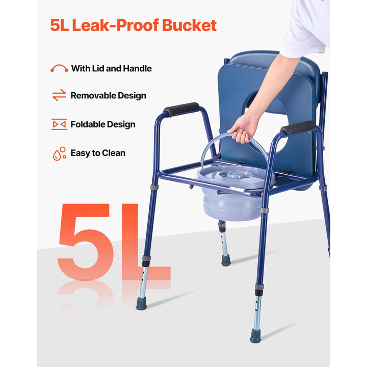 Yöpöytävessa 3-in-1 säädettävä pehmustetulla istuimella ja selkänojalla 5 l irrotettava ämpäri 181 kg kantavuus senioreille