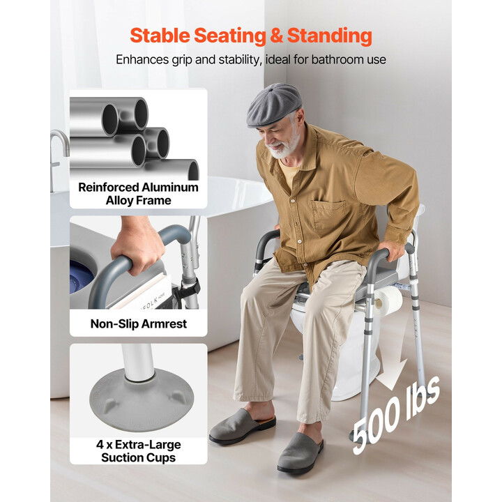 Yöpöytä-wc-tuoli aikuisille 4-in-1, säädettävä, kantavuus 227 kg, pehmustettu istuin ja selkänoja, irrotettava 5 l ämpäri