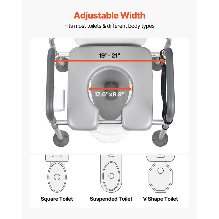 Yöpöytä-wc-tuoli aikuisille 4-in-1, säädettävä, kantavuus 227 kg, pehmustettu istuin ja selkänoja, irrotettava 5 l ämpäri