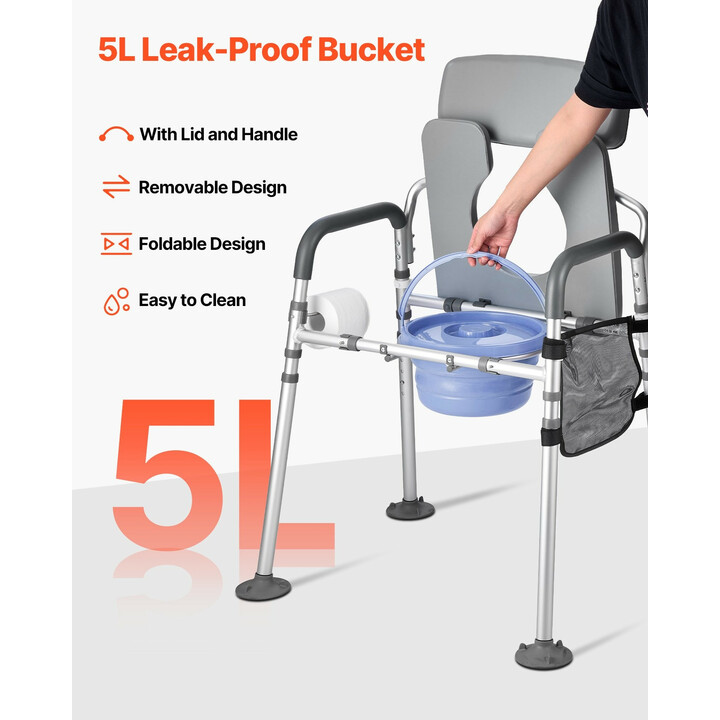 Yöpöytä-wc-tuoli aikuisille 4-in-1, säädettävä, kantavuus 227 kg, pehmustettu istuin ja selkänoja, irrotettava 5 l ämpäri