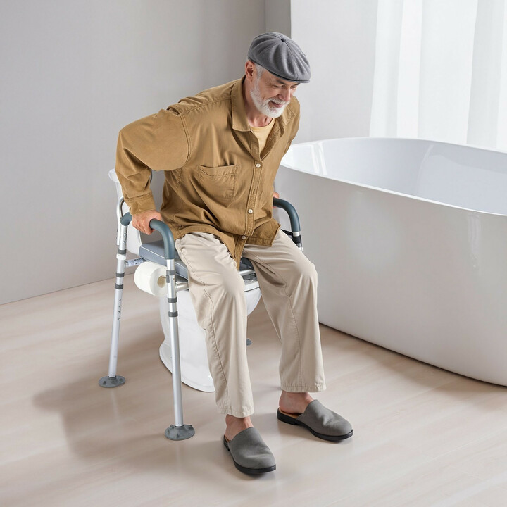 Yöpöytä-wc-tuoli aikuisille 4-in-1, säädettävä, kantavuus 227 kg, pehmustettu istuin ja selkänoja, irrotettava 5 l ämpäri