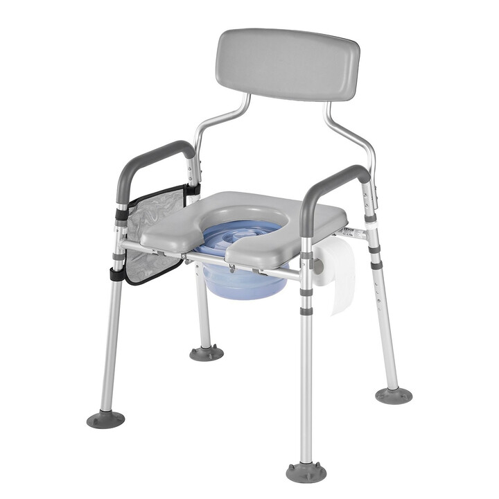 Yöpöytä-wc-tuoli aikuisille 4-in-1, säädettävä, kantavuus 227 kg, pehmustettu istuin ja selkänoja, irrotettava 5 l ämpäri