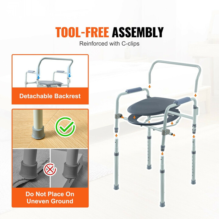 Säädettävä wc-tuoli FBL710007, 7-portainen, leveä istuin, teräsrunko, 5,8 l irrotettava ämpäri, kantavuus 158,8 kg