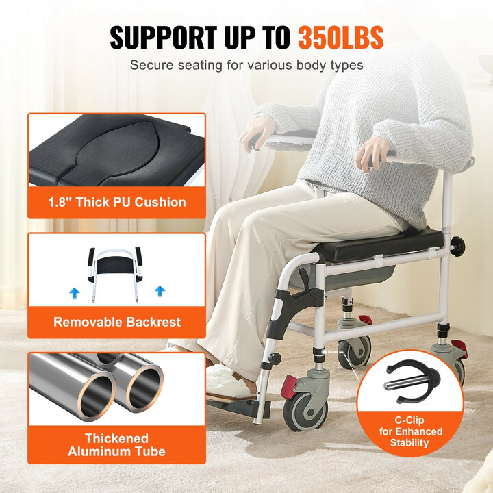 Suihku- ja wc-pyörätuoli FBL735200, 3-tasoinen korkeussäätö, 4 lukittavaa pyörää, irrotettava 5 l ämpäri, kantavuus 158,8 kg