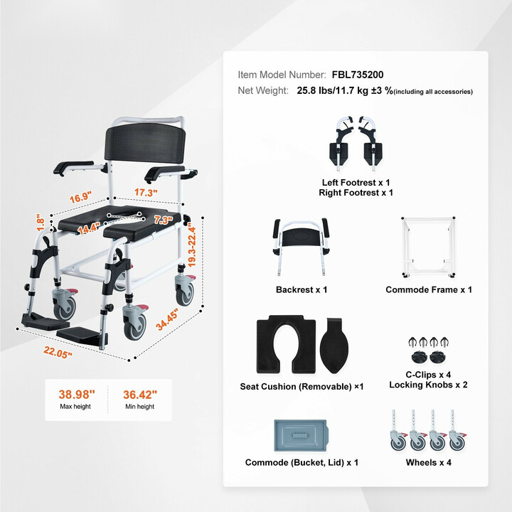 Suihku- ja wc-pyörätuoli FBL735200, 3-tasoinen korkeussäätö, 4 lukittavaa pyörää, irrotettava 5 l ämpäri, kantavuus 158,8 kg