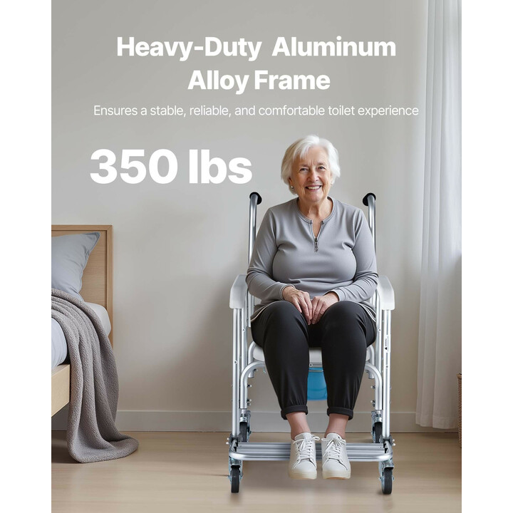 Wc-tuoli pyörillä 4-in-1, yöpöydän wc-tuoli, pyörätuoli, korotettu wc-istuin ja suihkutuoli, kantavuus 159 kg