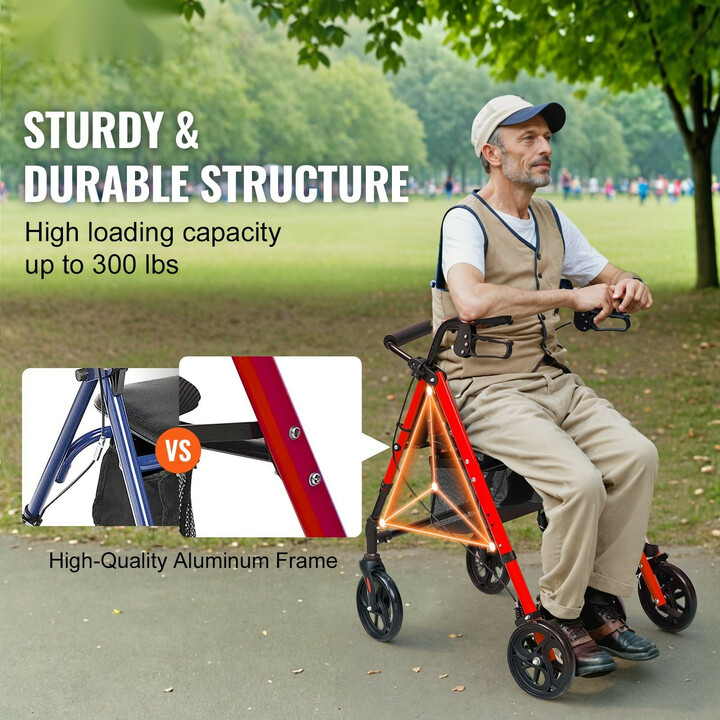 Tukikävelyvaunu FBL427111, alumiinia, säädettävä, 8" pyörät, istuin, säilytyslaukku, punainen-musta