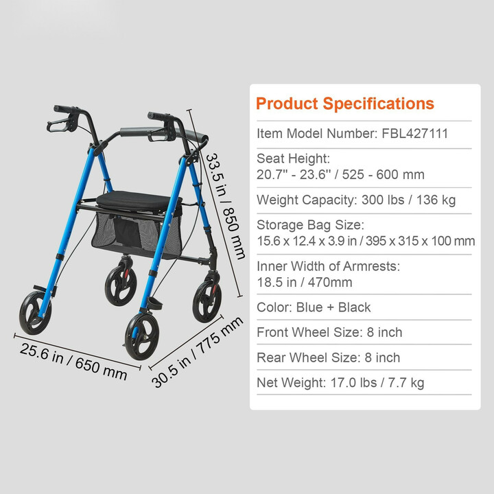 Alumiininen rollaattori aikuisille ja senioreille, kokoontaitettava, 8" pyörät, sininen/musta, malli FBL427111
