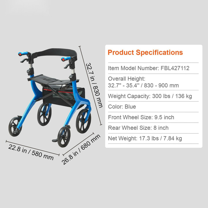 Alumiininen rollaattori FBL427112, sininen, säädettävä kahvakorkeus 830–900 mm, enimmäiskuormitus 136 kg