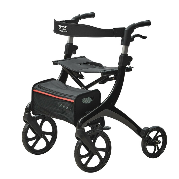 Alumiininen rollaattori FBL427112, musta, säädettävä kahvakorkeus, istuin ja säilytyslaukku, kantavuus 136 kg