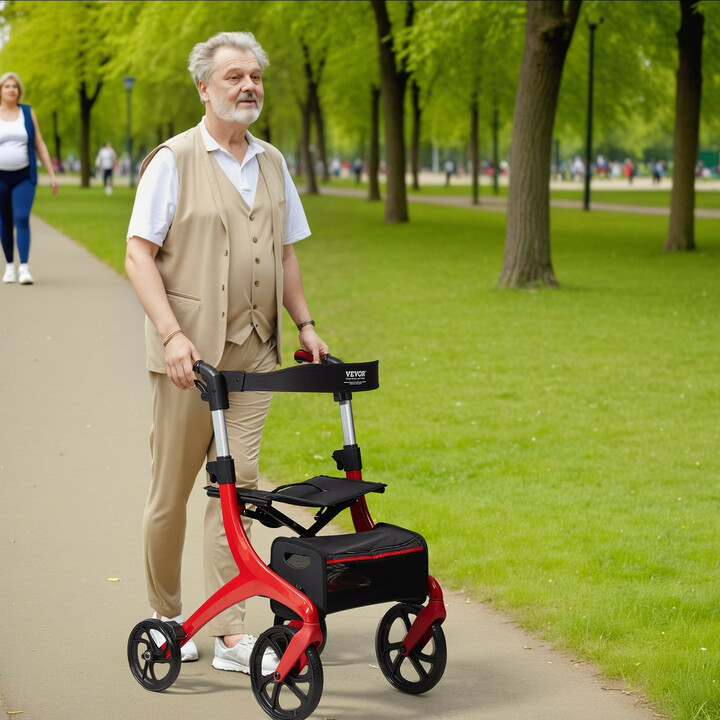 Taittuva nelipyöräinen rollaattori FBL427112, alumiinirunko, istuin ja säilytyslaukku, punainen-musta, 136 kg
