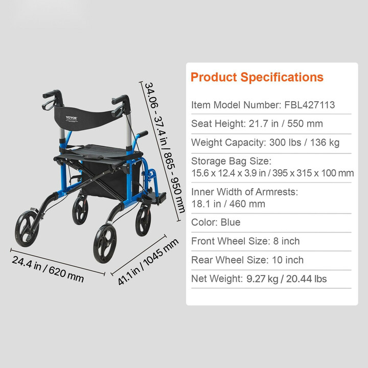 Yhdistelmärollaattori ja kuljetustuoli jalkatuilla, alumiinia, sininen, 136 kg kantavuus, FBL427113