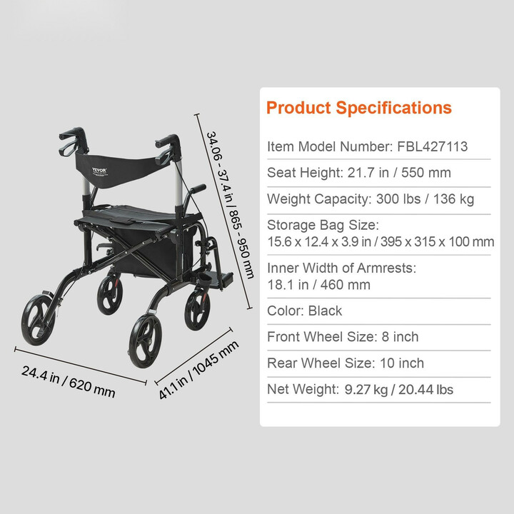 2-in-1 rollaattori ja kuljetustuoli, taitettava, alumiinia, kantavuus 136 kg, musta