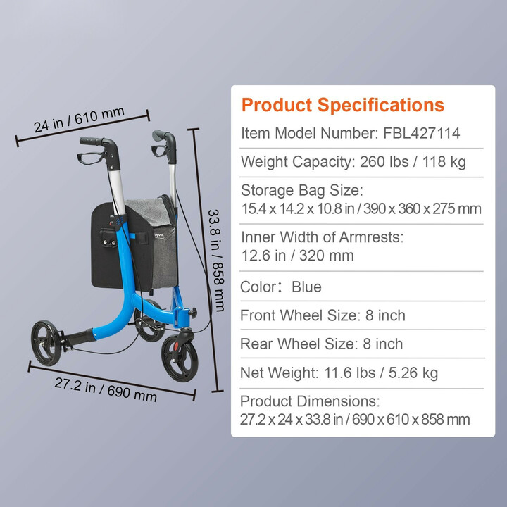 Kolmipyöräinen taitettava rollaattori, säädettävä kahva, 8" renkaat, sininen, kantavuus 118 kg