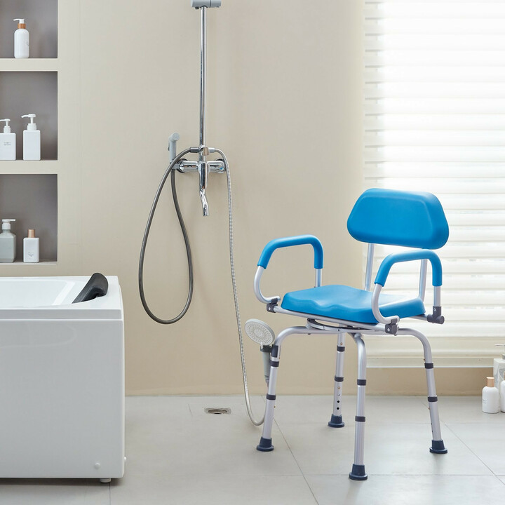 Kääntyvä suihkutuoli 360°, pehmustettu istuin ja selkänoja, säädettävä korkeus, liukuestetassut, enint. 135 kg