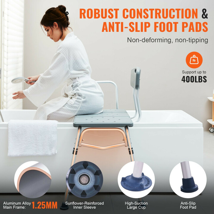 Kylpyammeen siirtopenkki FBL630239, säädettävä suihkutuoli käsinojalla ja käännettävällä selkänojalla, max 180 kg