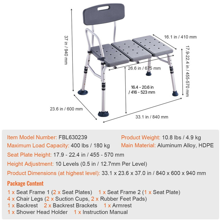 Kylpyammeen siirtopenkki FBL630239, säädettävä suihkutuoli käsinojalla ja käännettävällä selkänojalla, max 180 kg