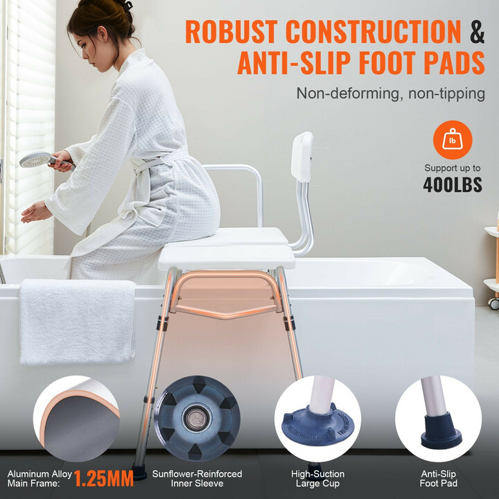 Ammeen siirtoistuin FBL630238, säädettävä kylpyammeen siirtymätuoli U-suihkuverhosuojalla, 180 kg kantavuus