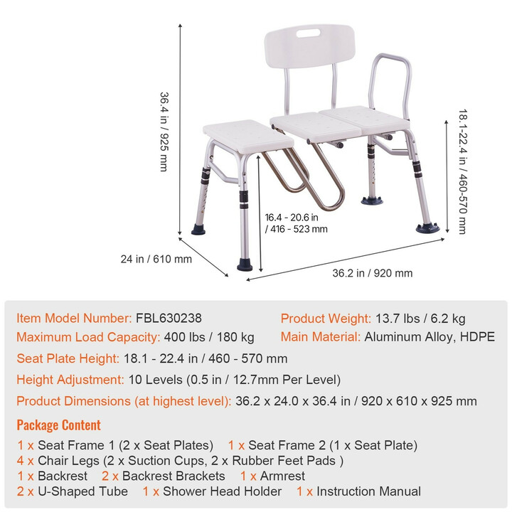 Ammeen siirtoistuin FBL630238, säädettävä kylpyammeen siirtymätuoli U-suihkuverhosuojalla, 180 kg kantavuus