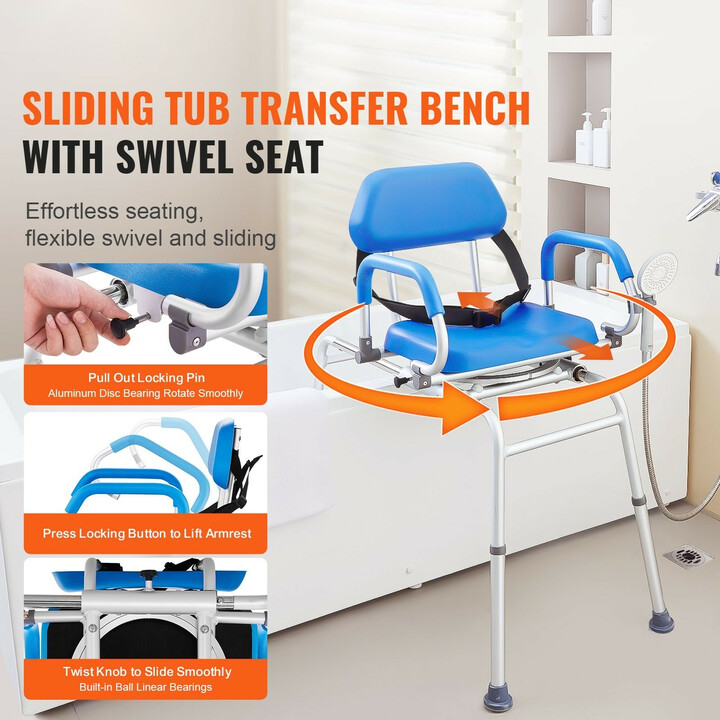 Liukuva kylpyammeen siirtopenkki ja suihkutuoli 360° kääntyvä istuin 150 kg säädettävä korkeus