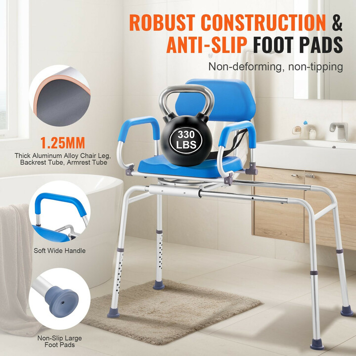 Liukuva kylpyammeen siirtopenkki ja suihkutuoli 360° kääntyvä istuin 150 kg säädettävä korkeus