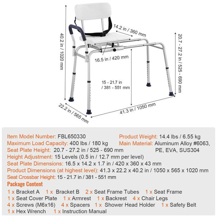 Liukuva kylpyammeen siirtoistuin FBL650329, säädettävä korkeus, kantavuus 180 kg