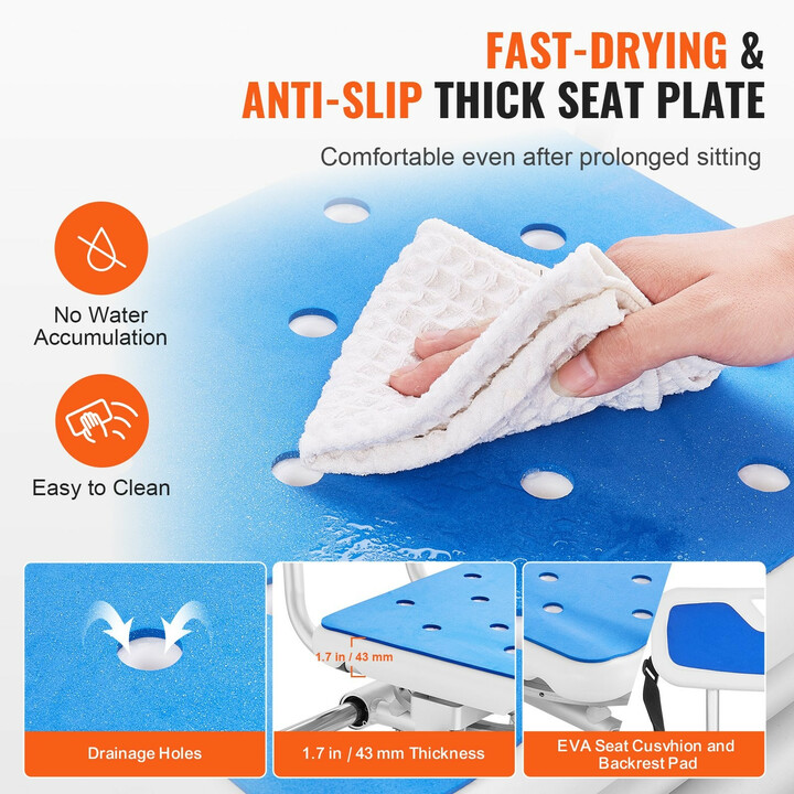 Kylpyammeen liukuva siirtymäpenkki 360° kääntyvällä istuimella, säädettävä suihkutuoli käsinojalla ja turvavyöllä, enint. 180 kg