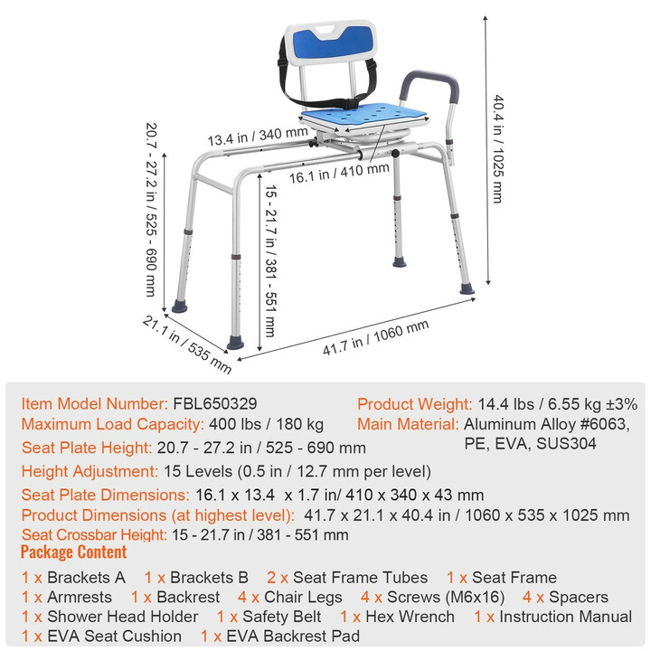 Kylpyammeen liukuva siirtymäpenkki 360° kääntyvällä istuimella, säädettävä suihkutuoli käsinojalla ja turvavyöllä, enint. 180 kg