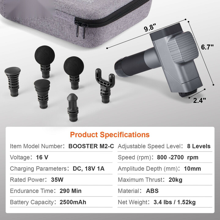 BOOSTER M2-C käsikäyttöinen lihashierontalaite, syväkudoshieronta, 8 nopeutta, 6 hierontapäätä, 16V 2500mAh akku