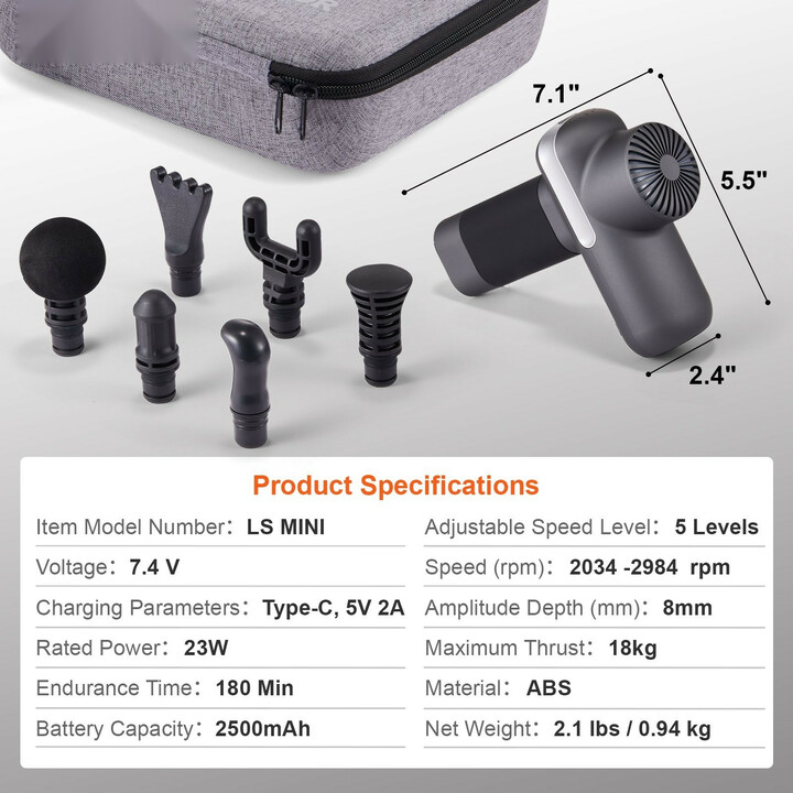 Mini hierontavasara LS MINI, lihashierontalaite urheilijoille, 5 nopeutta, 6 hierontapäätä, 7.4V 2500mAh akku