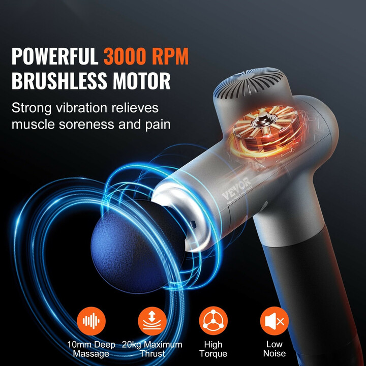 Hierontapistooli syväkudoshierontaan, 8 nopeutta, 6 hierontapäätä, 24V 2500mAh akku