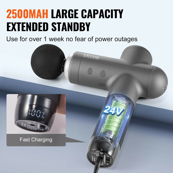 Hierontapistooli syväkudoshierontaan, 8 nopeutta, 6 hierontapäätä, 24V 2500mAh akku