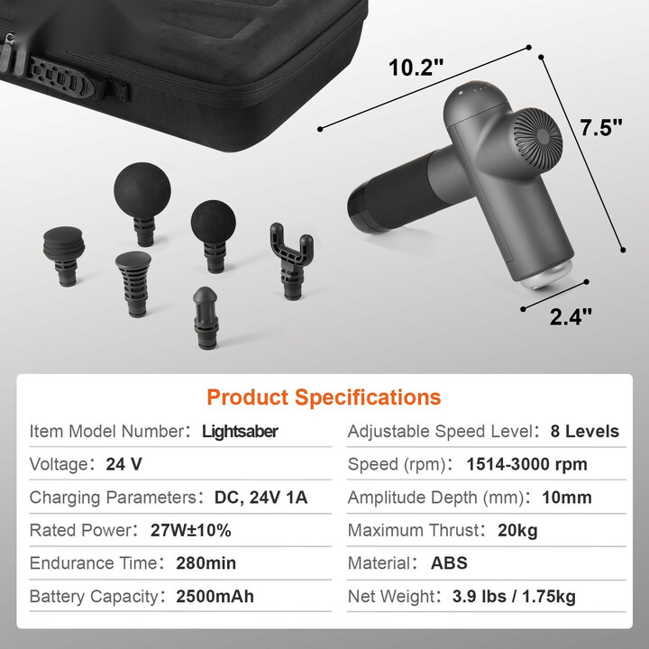Hierontapistooli syväkudoshierontaan, 8 nopeutta, 6 hierontapäätä, 24V 2500mAh akku