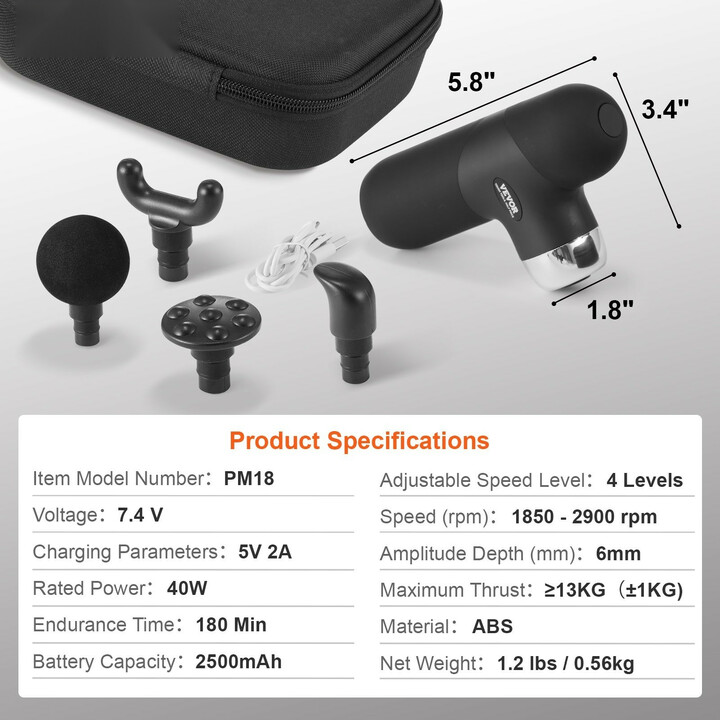 Mini hierontavasara syväkudoshierontaan, 4 nopeustasoa, 4 päätä, 7.4V 2500mAh akku, USB-C