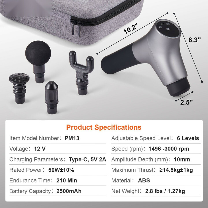 Hierontavasara syväkudoshierontaan, 6 nopeustasoa, 4 hierontapäätä, 12V 2500mAh akku, USB-C