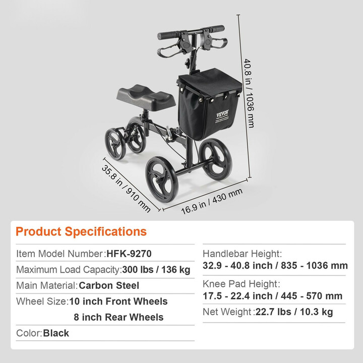 Polviskootteri HFK-9270, hiiliteräs, taittuva, säädettävä ohjaustanko ja polvityyny, maastokäyttöön, musta