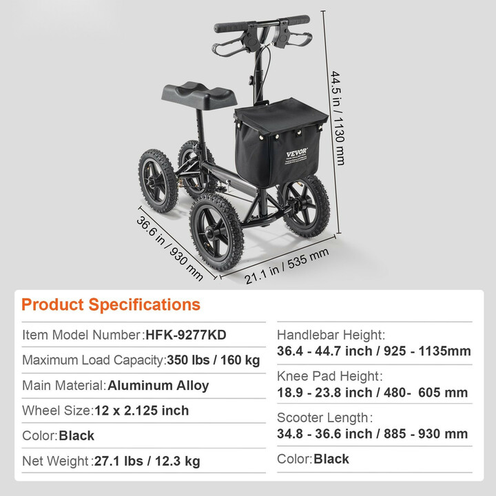 Taitettava polvipyörä HFK-9277KD, alumiinia, säädettävä, ilmakumirenkaat 30,5 cm, max 160 kg, musta