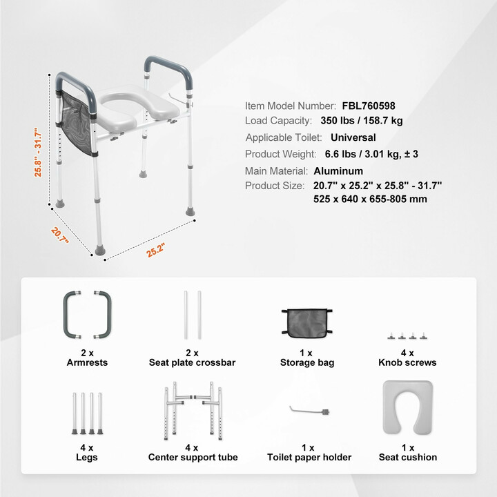 Korkeussäädettävä wc-koroke alumiinia 7-portainen 490–640 mm pehmustetulla istuimella 158,7 kg FBL760598