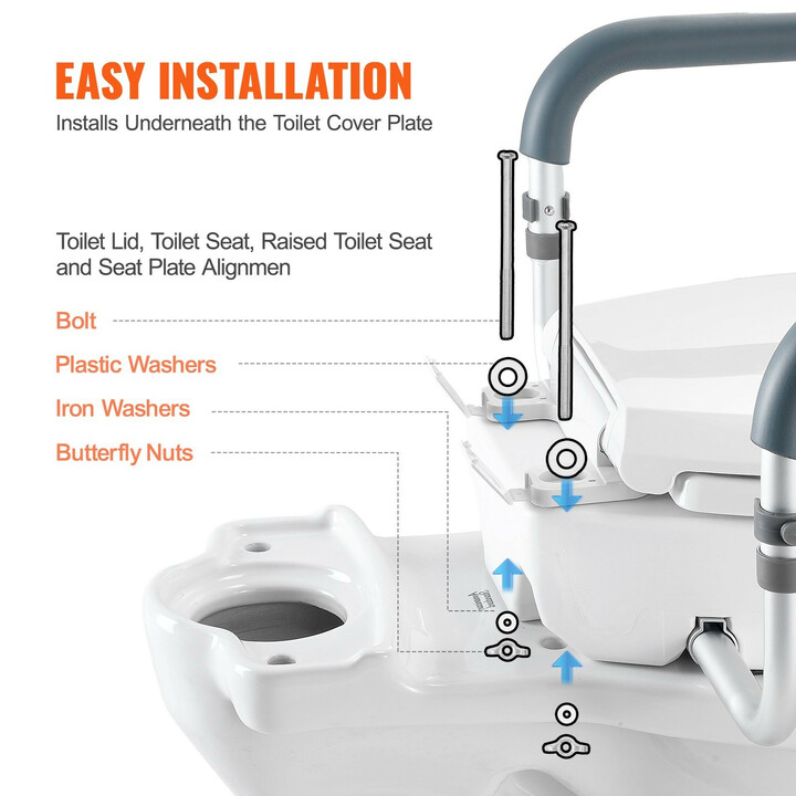 Korotettu wc-istuin käsinojilla, 88,9 mm korotus, alumiini/muovi, kantavuus 136 kg, FBL760599