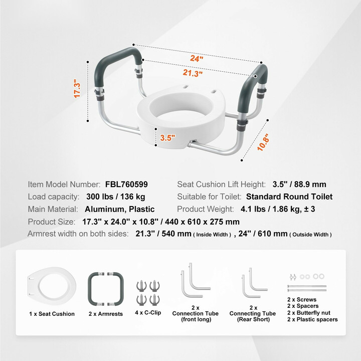 Korotettu wc-istuin käsinojilla, 88,9 mm korotus, alumiini/muovi, kantavuus 136 kg, FBL760599