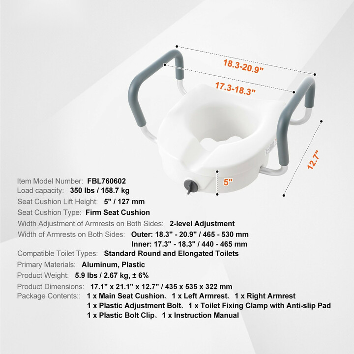 Korotettu WC-istuin käsinojilla 127 mm, alumiini/muovi, enint. 158,7 kg, FBL760602