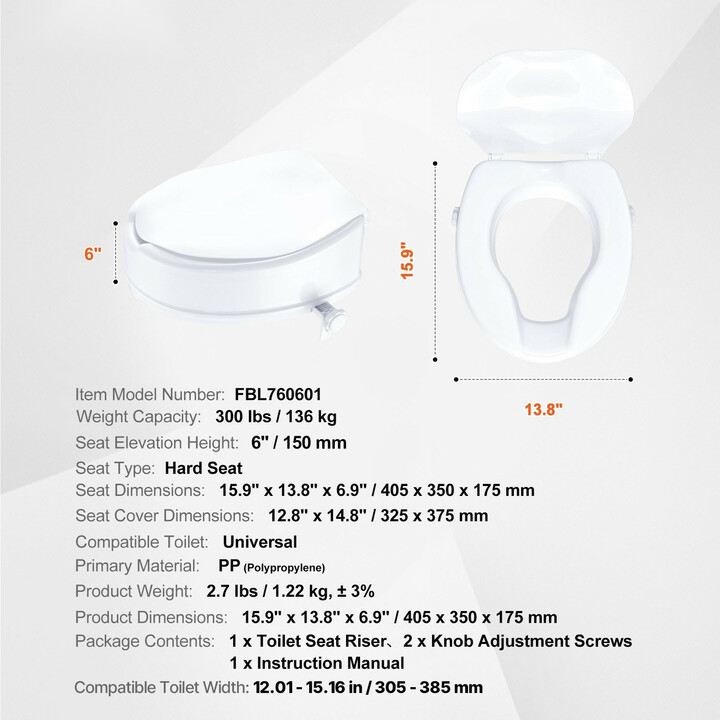 Korotettu WC-istuin 150 mm kansella, yleismalli, PP, kantavuus 136 kg, malli FBL760601