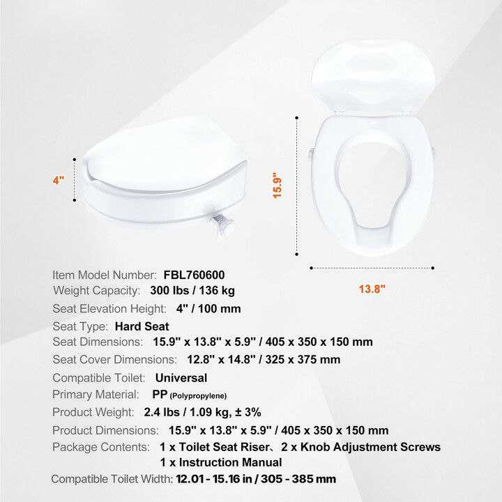 Korotettu wc-istuin 100 mm universaali, lukitusruuvit, mukana istuinkansi, kantavuus 136 kg