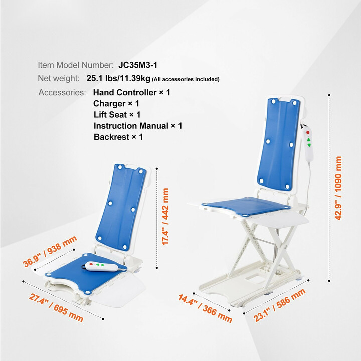 Sähköinen kylpyammennostin JC35M3-1, istuinkorkeus 77–507 mm, 140,6 kg, 45° kallistus, vedenpitävä, akulla toimiva