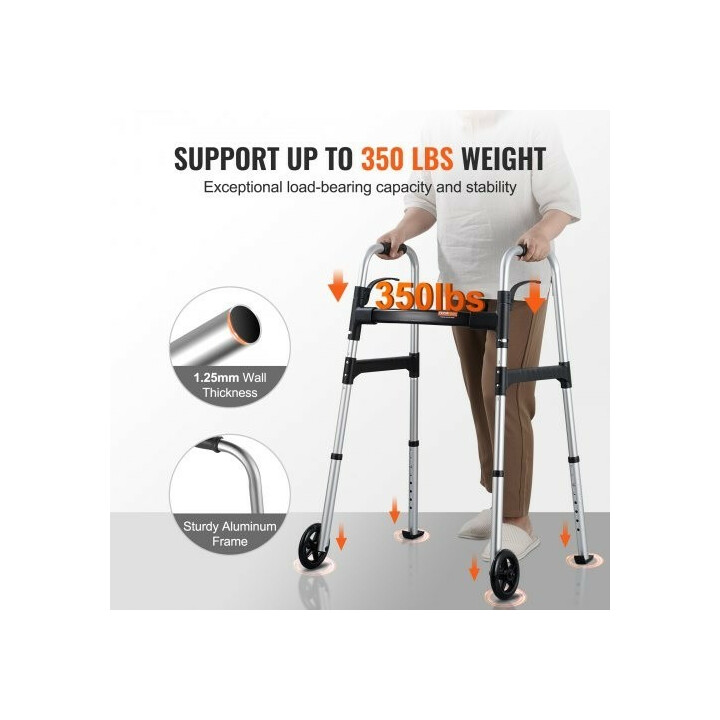 Taittuva kävelyteline etupyörillä, säädettävä korkeus 775–955 mm, alumiinia, kantavuus 350 lb, malli FBL825309