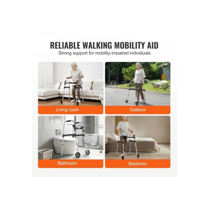 Taittuva kävelyteline etupyörillä, säädettävä korkeus 775–955 mm, alumiinia, kantavuus 350 lb, malli FBL825309