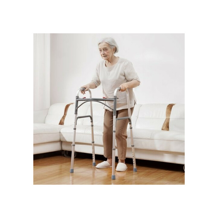 Taittuva kävelyteline etupyörillä, säädettävä korkeus 775–955 mm, alumiinia, kantavuus 350 lb, malli FBL825309