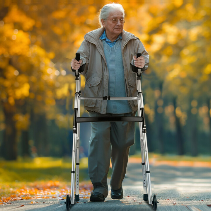 Taitettava kävelyteline etupyörillä ja irrotettavilla käsituilla, korkeussäädettävä alumiinirunko, kantavuus 450 lb