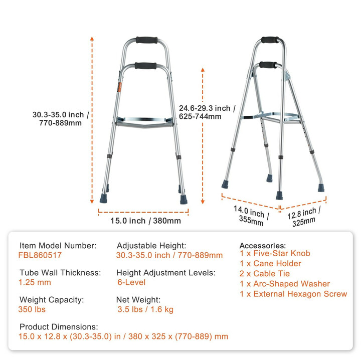 Taittuva hemi-kävelyteline yhdelle kädelle, alumiinia, korkeussäädettävä 770–889 mm, kantavuus 350 lbs